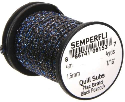 Semperfli Quill Subs Flat Braid 1.5mm 1/16'' Black Peacock Fly Tying Materials (Product Length 4.37 Yds / 4m)