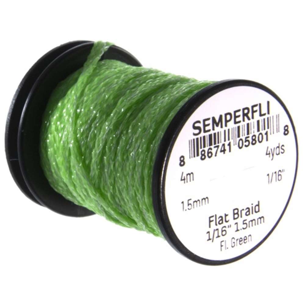 Semperfli Flat Braid 1.5mm 1/16'' Fl. Green Fly Tying Materials (Pack Size 400cm)