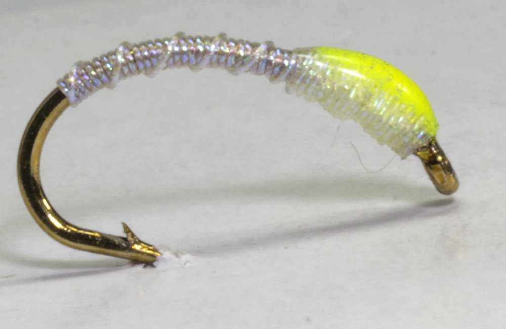 The Essential Fly Sandys Irridescent Platinum Blank Buster Buzzer Yellow Fishing Fly